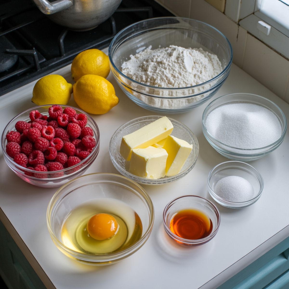 Ingredients for raspberry lemonade cookies including fresh raspberries, lemon, butter, flour, sugar, and egg

