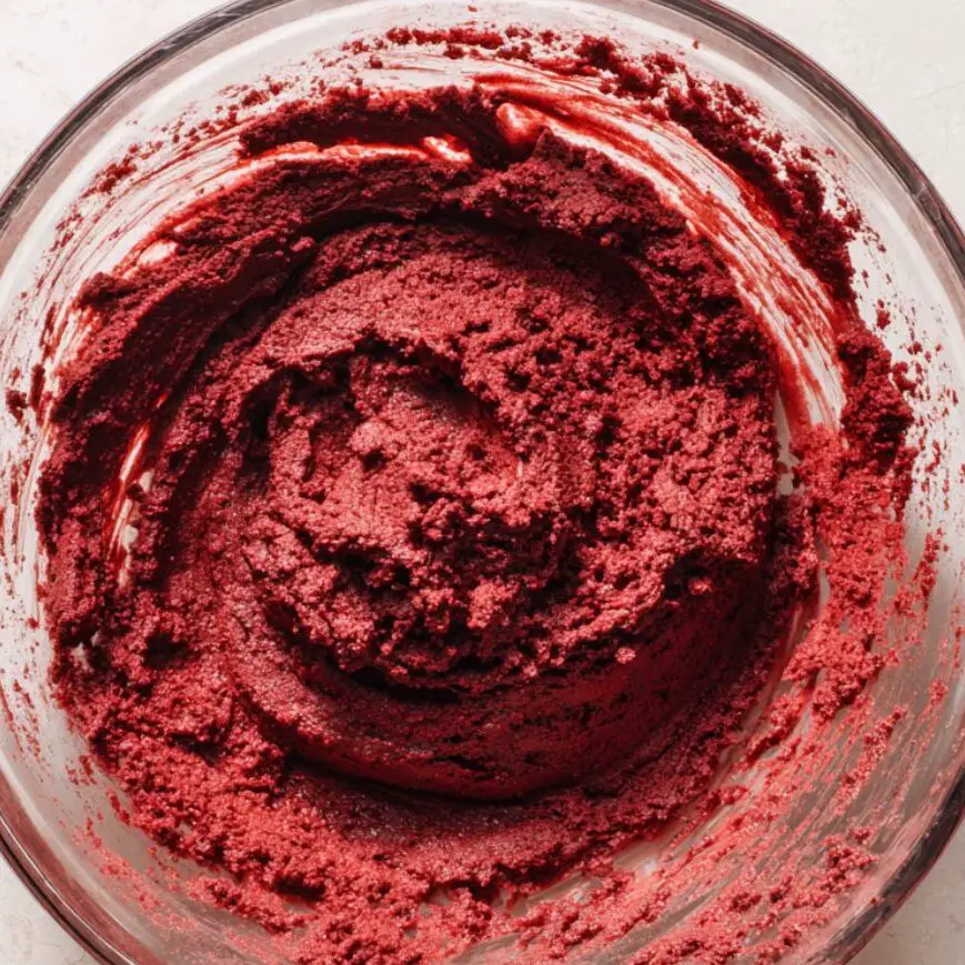 Mixing red velvet brownie batter in a glass bowl on a white kitchen counter