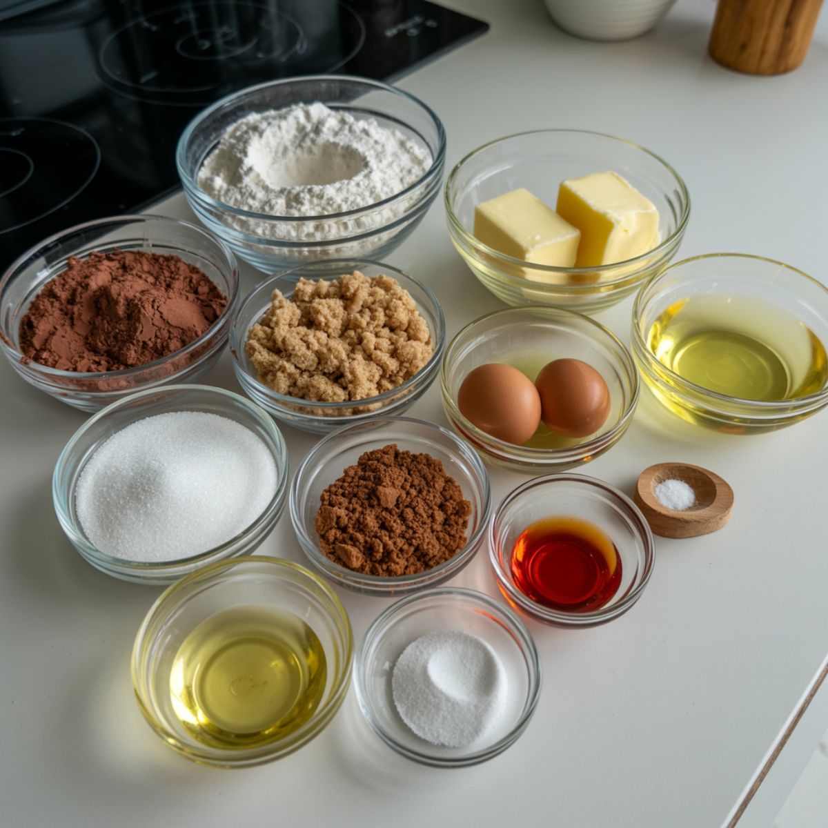 Measured ingredients for homemade red velvet brownies on a white kitchen counter