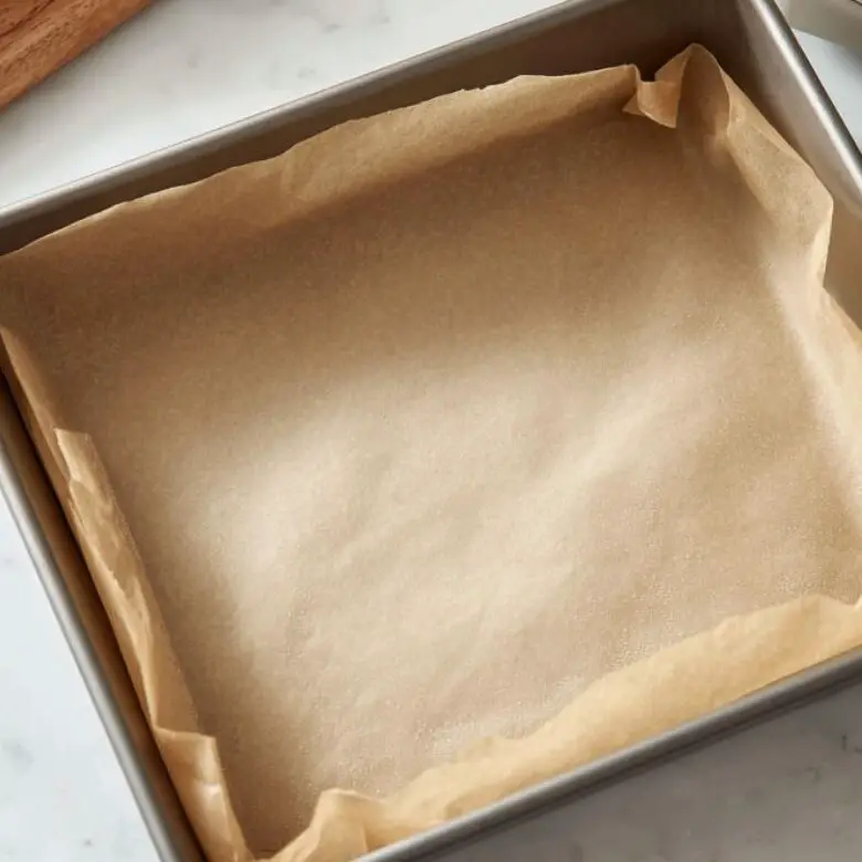 Baking pan lined with parchment paper and oven preheating for red velvet brownies