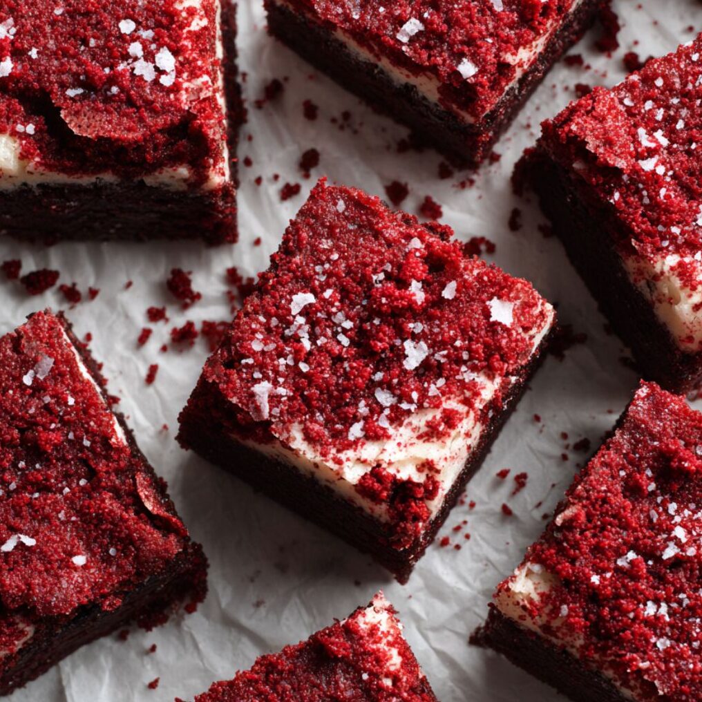 Freshly baked red velvet brownies cut into squares on parchment