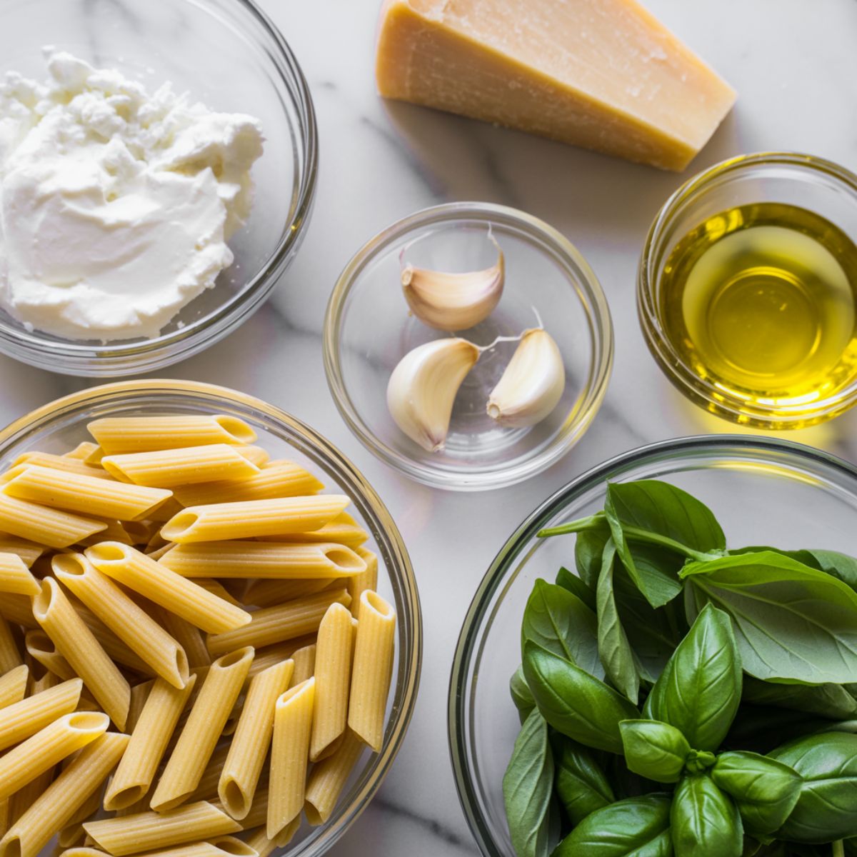 Uncooked penne pasta, ricotta cheese, garlic, parmesan, basil, and olive oil on a white kitchen counter.