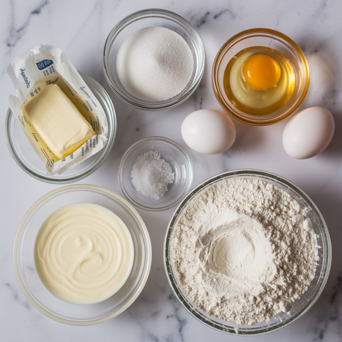 Ingredients for a homemade salted caramel pie on a white kitchen counter.