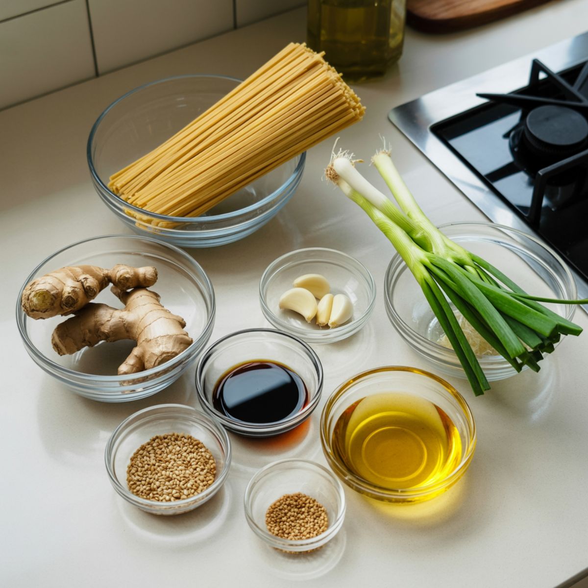 Overhead view of sesame ginger noodles ingredients on a white kitchen counter including noodles, ginger, garlic, soy sauce, sesame oil, green onions, and sesame seeds.
