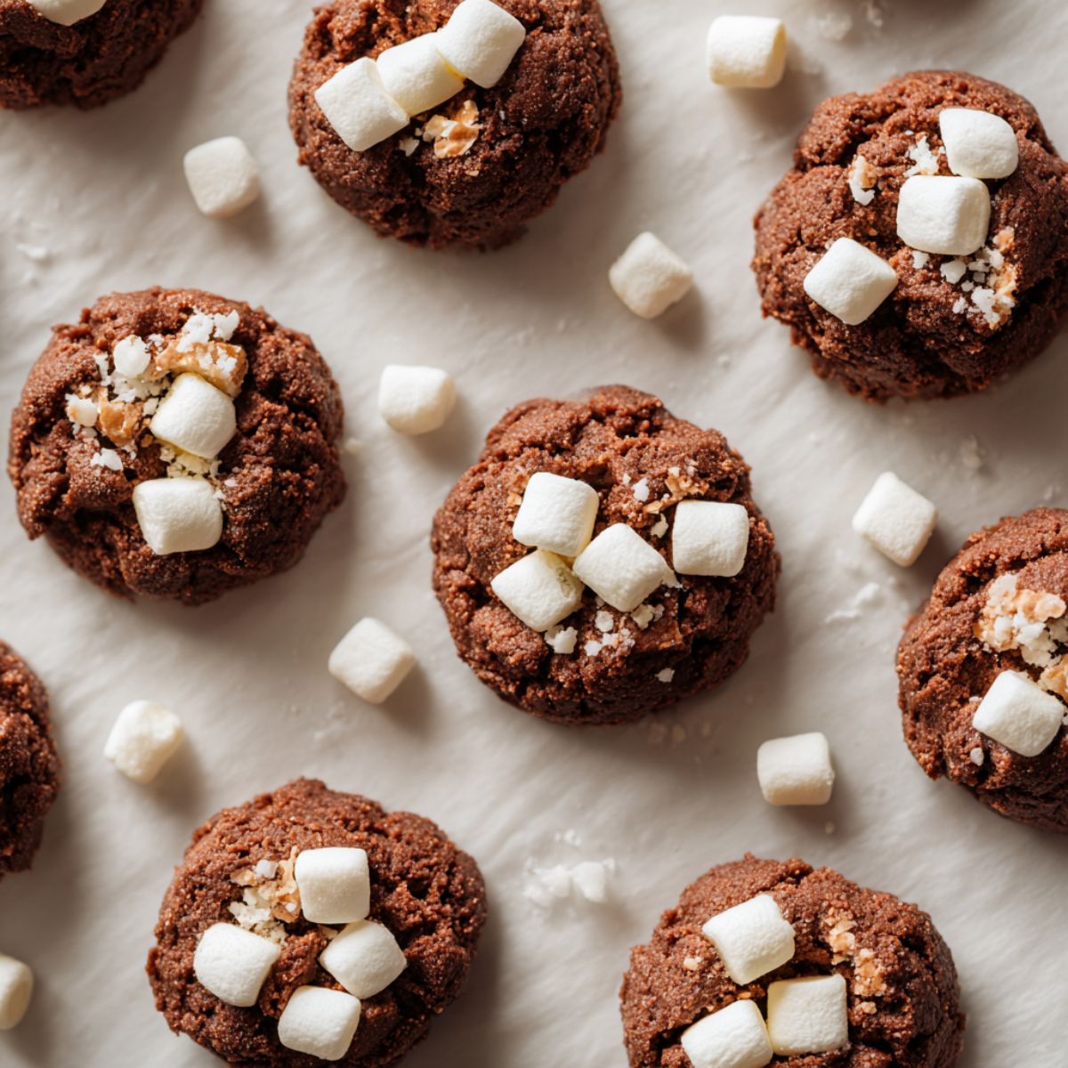 Scoops of cookie dough on a baking sheet with marshmallows on top.