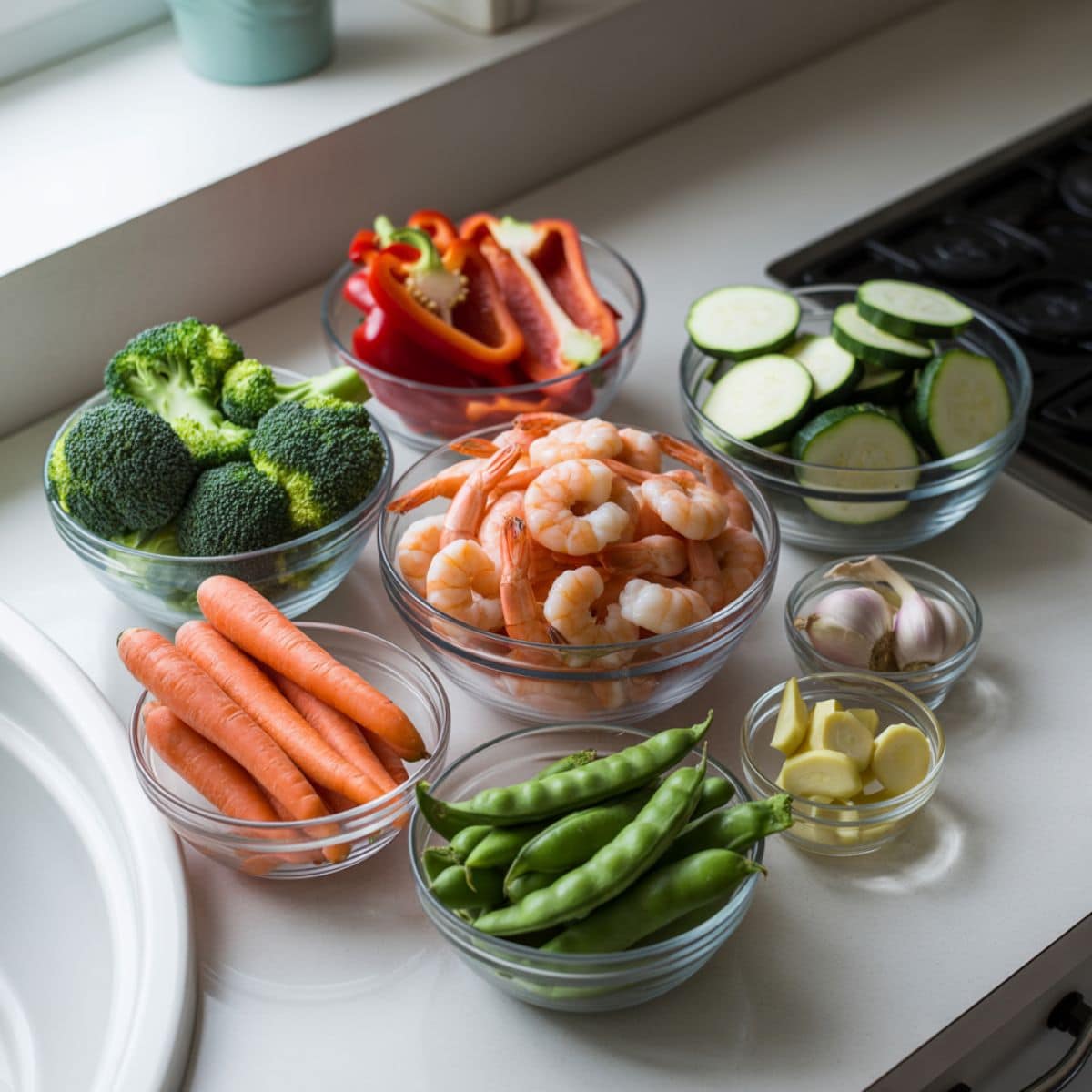 Fresh shrimp and chopped vegetables arranged on a white kitchen counter, ready for stir fry.