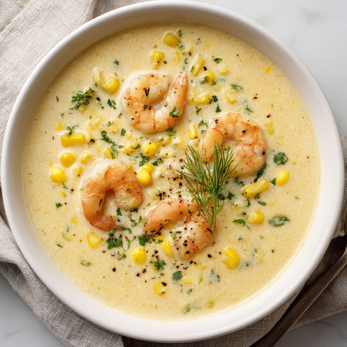 Bowl of creamy shrimp and corn soup recipe on a white kitchen counter