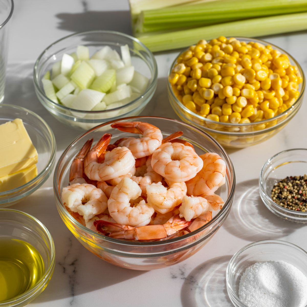 Ingredients for shrimp and corn soup arranged casually on counter

