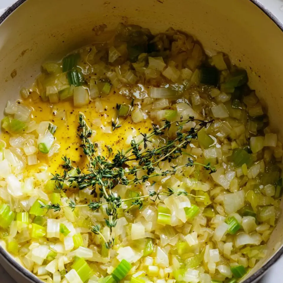 Onion, celery, and garlic being sautéed in a pot for soup