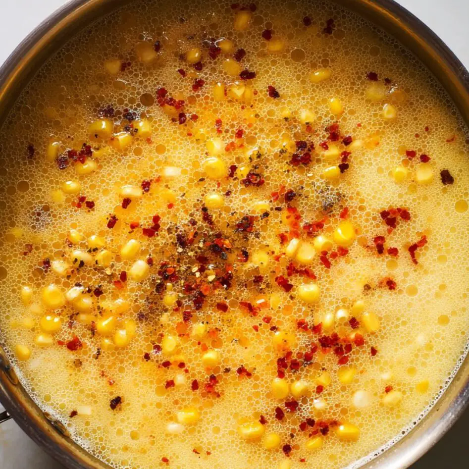 Corn and broth simmering with spices in a large soup pot