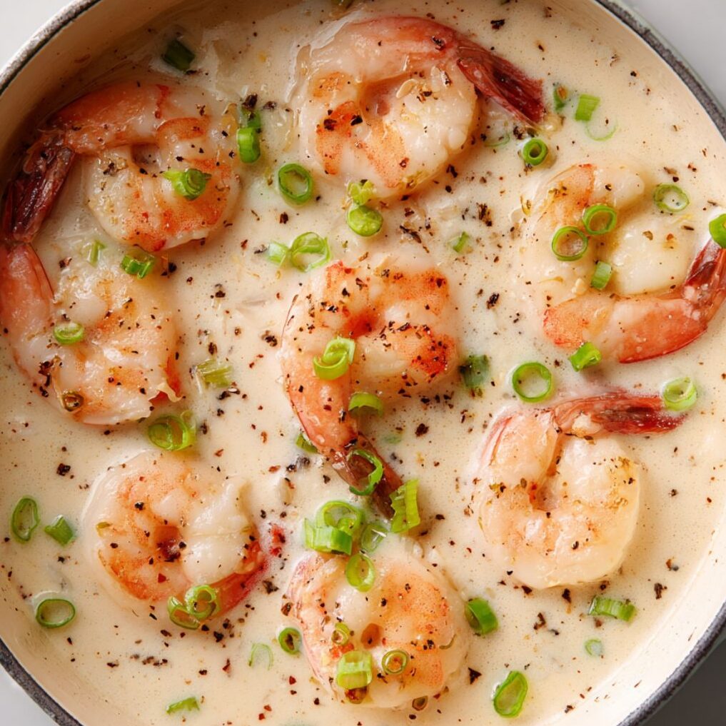 Cooked shrimp added to creamy soup with garnish of green onions