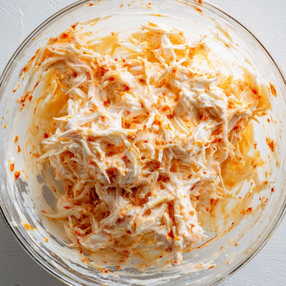 Mixing imitation crab, cream cheese, and mayo for the crab filling.