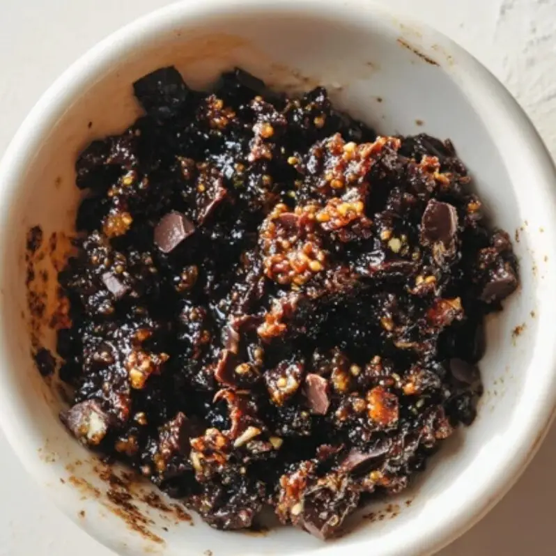 Homemade fig filling with chocolate chips in a bowl on white counter