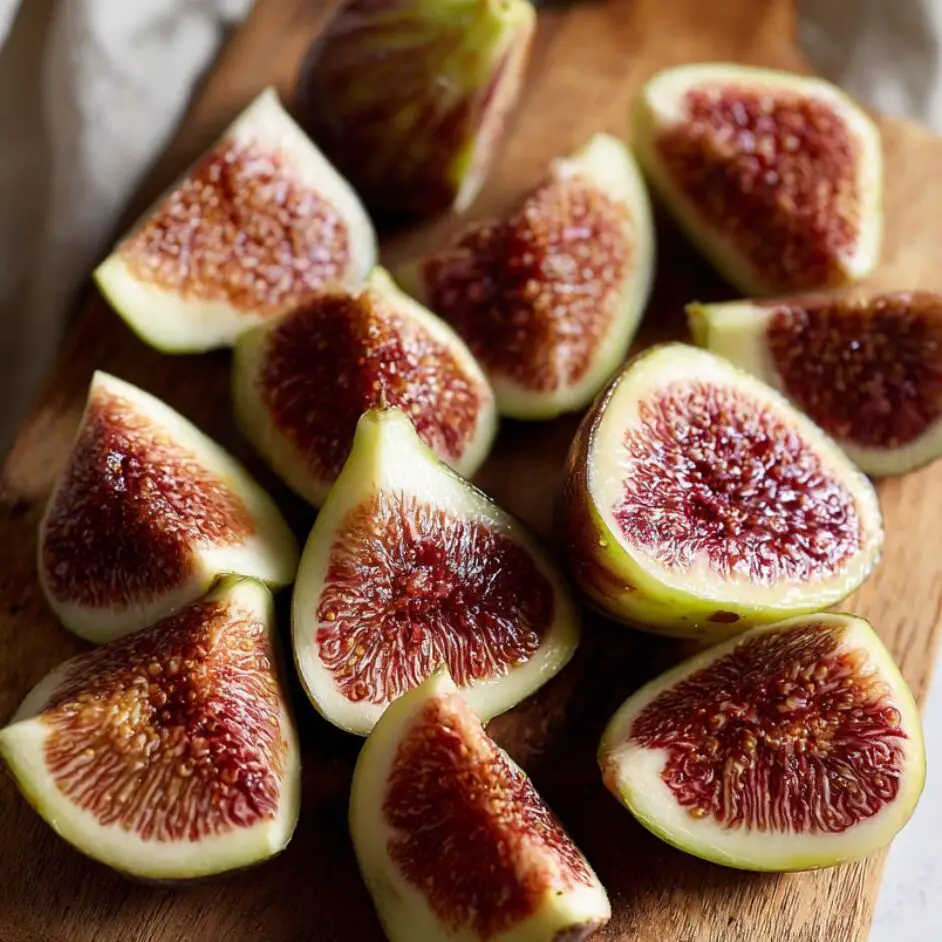 Quartered fresh figs on a small cutting board