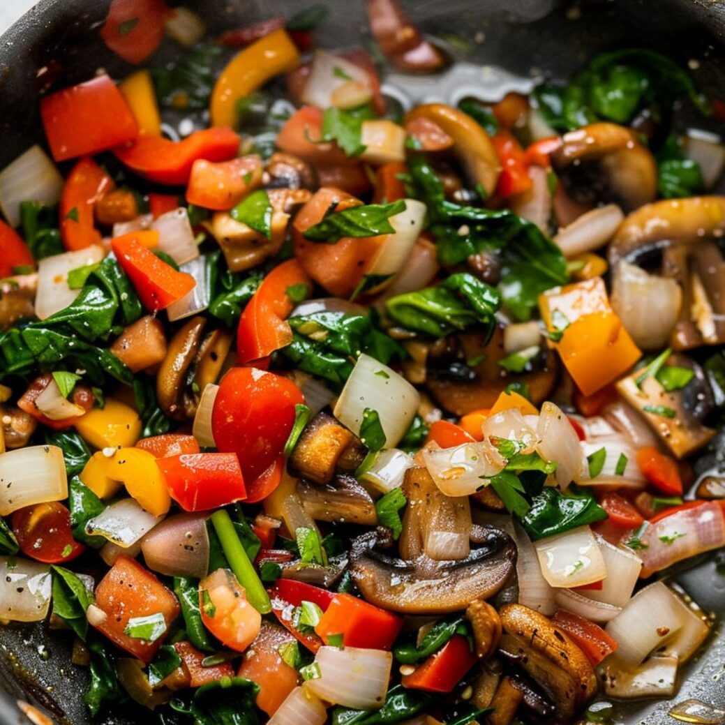 Mixed vegetables sautéing in a non-stick pan on a white kitchen counter.