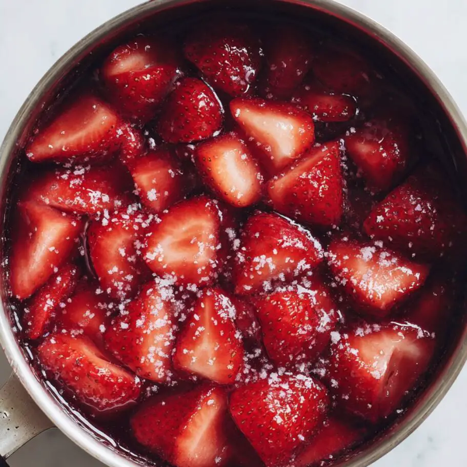 Fresh strawberries simmering in a saucepan with sugar for the strawberry swirl base.