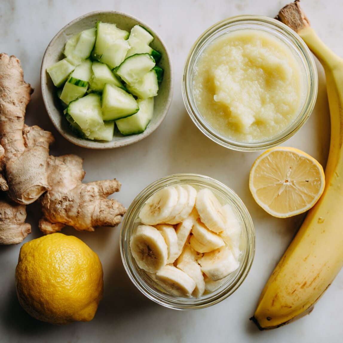Chopped banana, cucumber, peeled ginger and juiced lemon on a white marble counter


