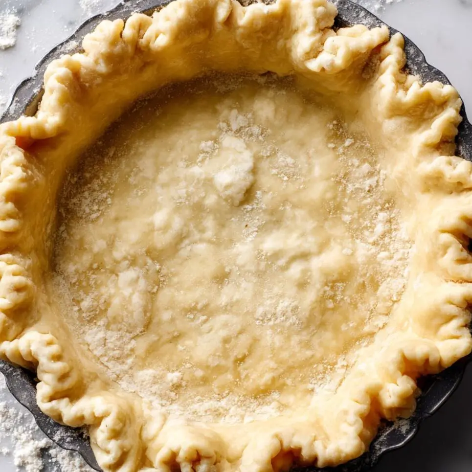 Unbaked pie crust pressed into a pan with flour scattered on the counter.