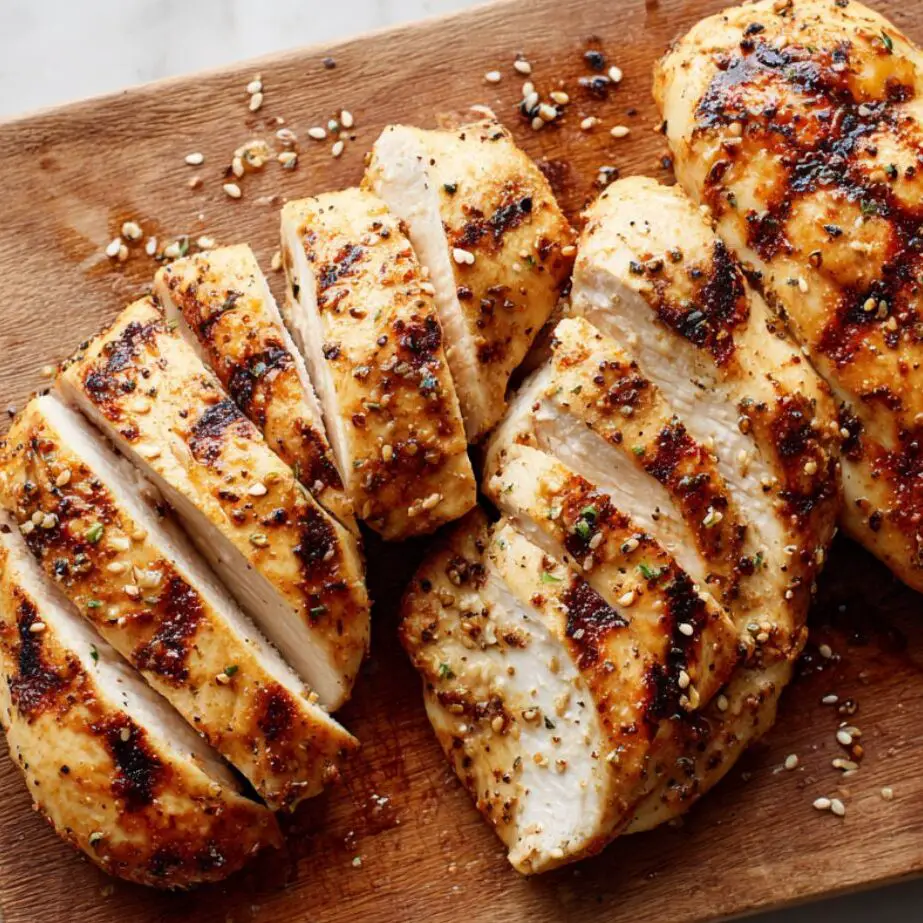 Grilled and sliced chicken breasts for Asian sesame chicken salad on a cutting board.

