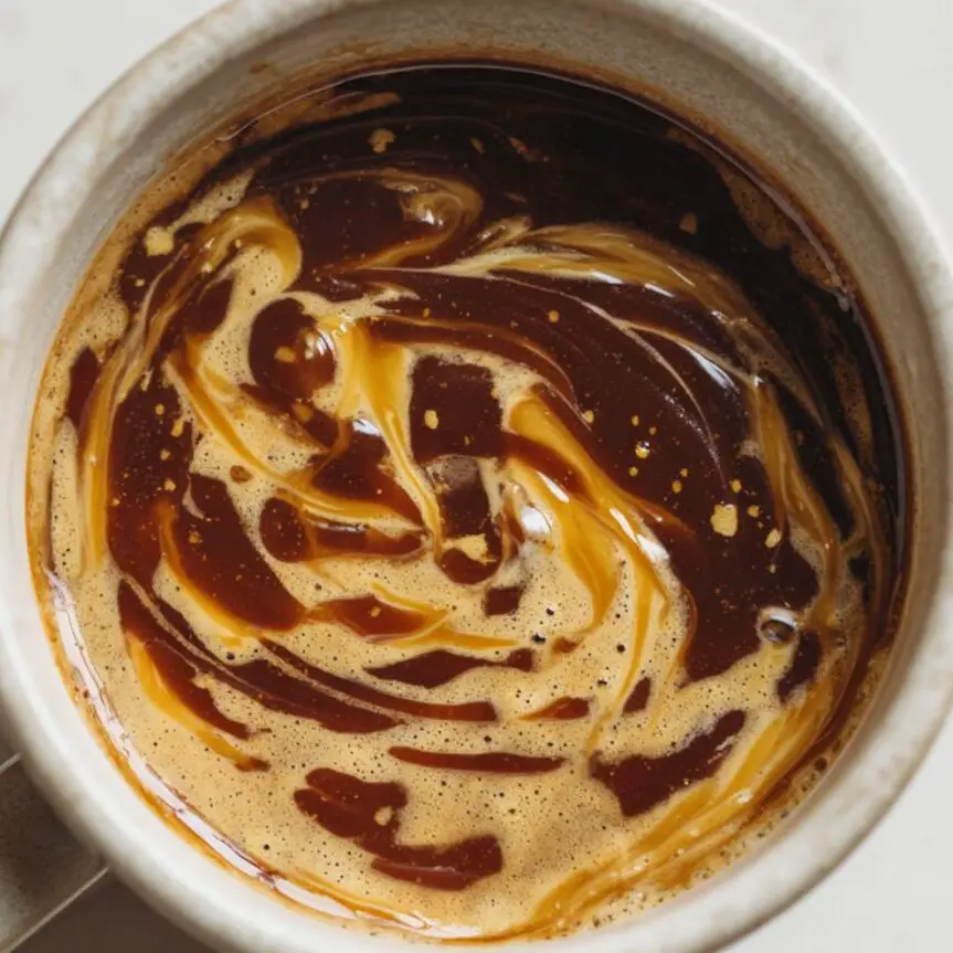 Hot espresso with caramel sauce being mixed in a mug on a white kitchen counter.