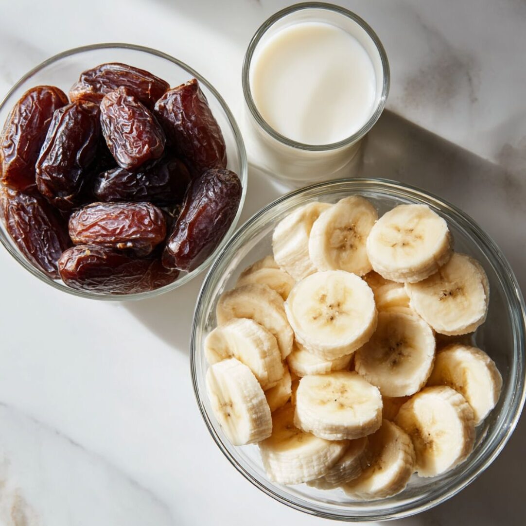 Frozen banana slices, soaking dates, and almond milk on white marble countertop