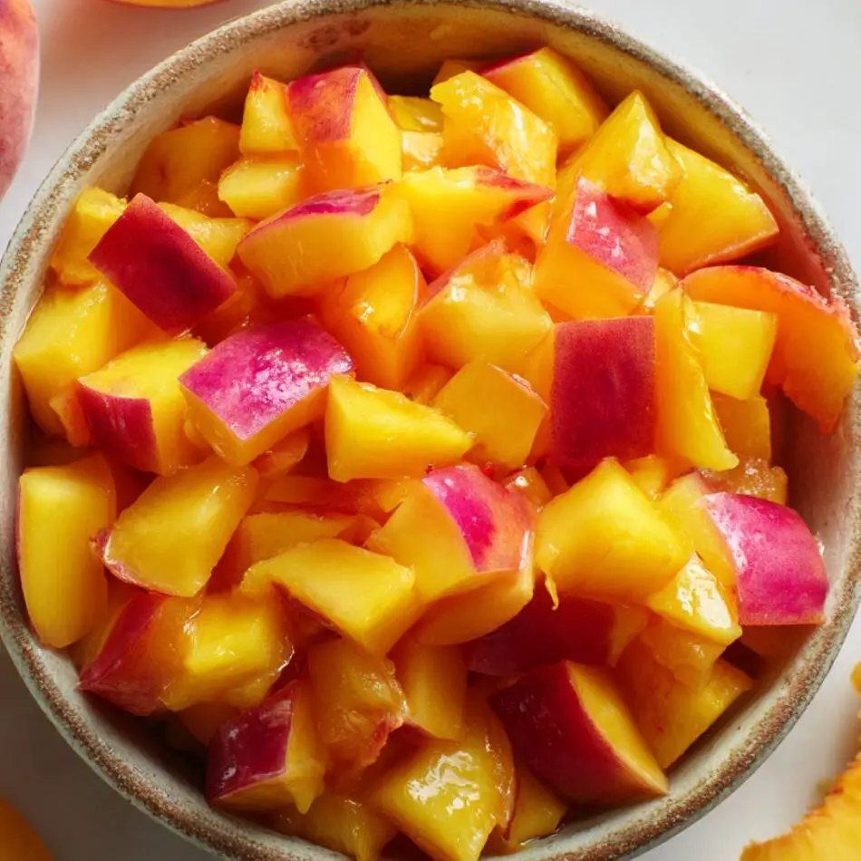 Diced ripe peaches in a bowl with peach skins on the counter