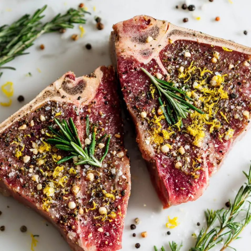 Tuscan steak rubbed with garlic, herbs, and olive oil before cooking.