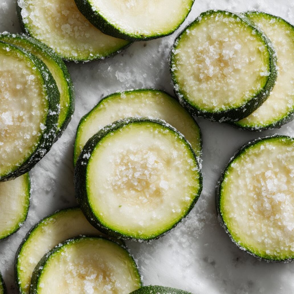 Sliced zucchini pieces resting on paper towels with salt on top.