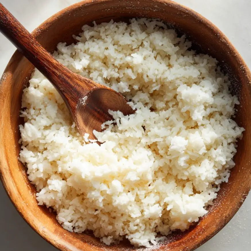 Freshly cooked sushi rice in a wooden bowl, ready for seasoning.