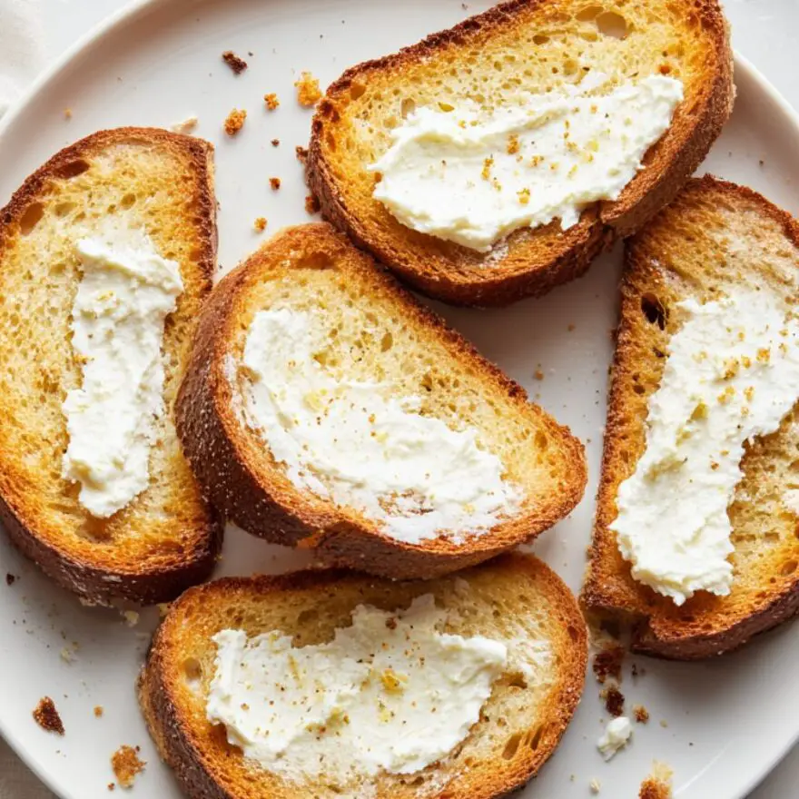 Toasted sourdough bread with cream cheese spread on top.