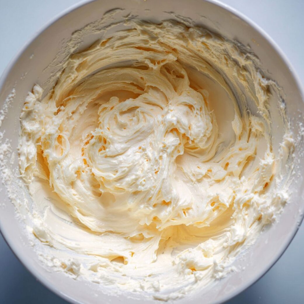 Cream cheese mixture with cream and sugar in a mixing bowl for the cheesecake ice cream base.
