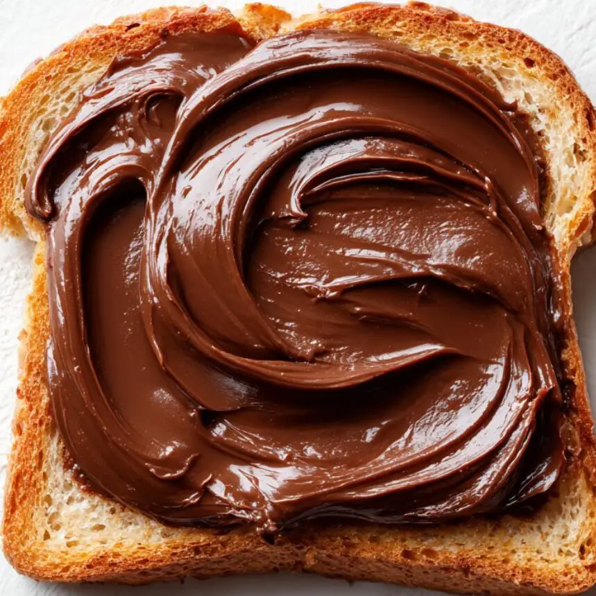 Nutella spread across warm toast slice using a spoon

