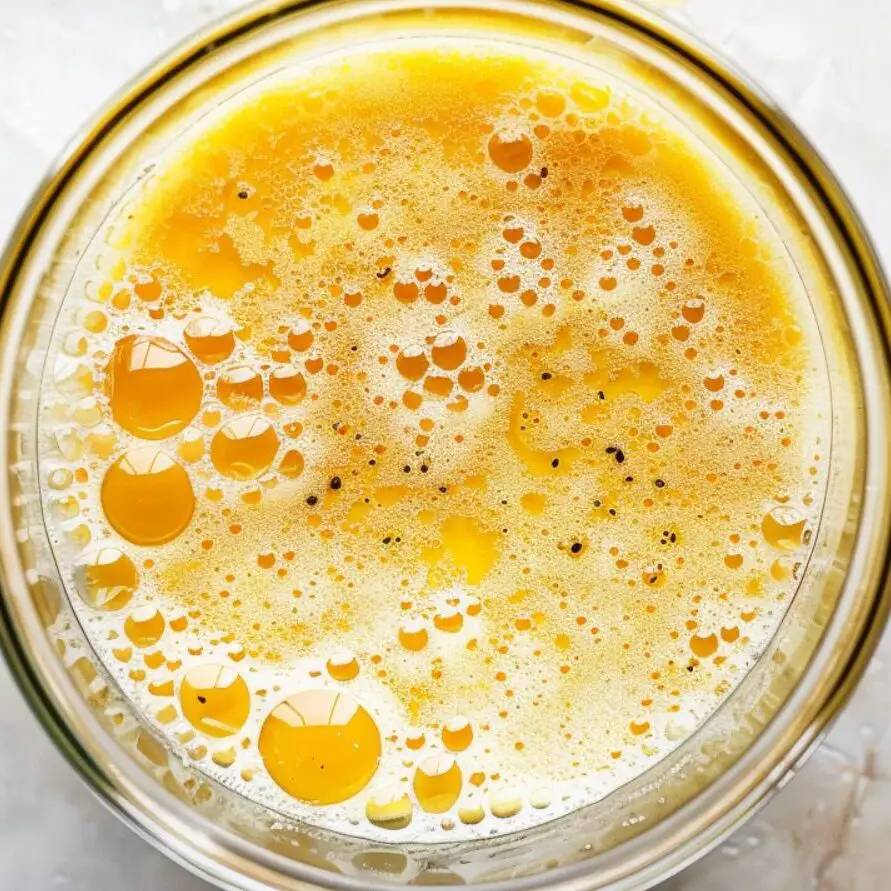 Egg mixture in a glass bowl whisked until light and frothy on a white kitchen counter.

