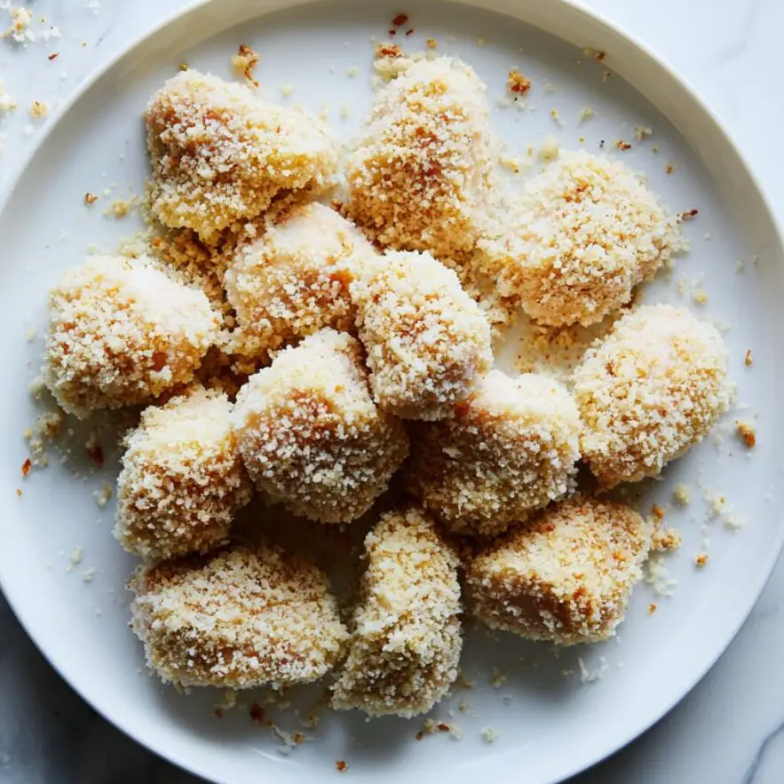 Breaded chicken pieces coated in panko breadcrumbs.