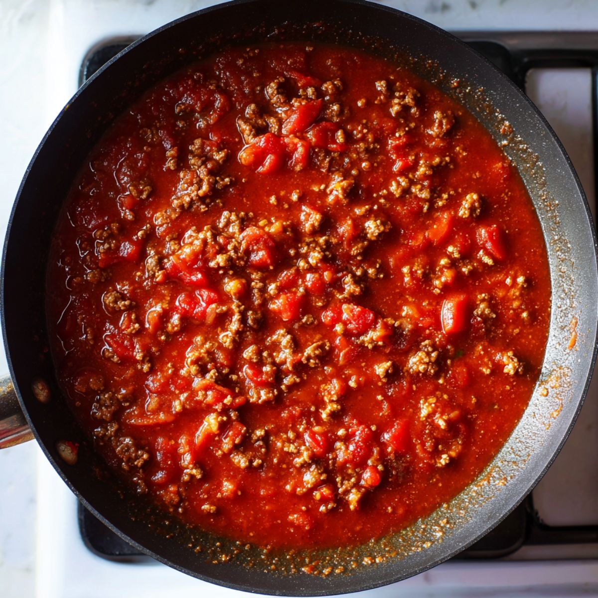 Simmering beef chili with tomato sauce and spices in a skillet, slightly messy stovetop