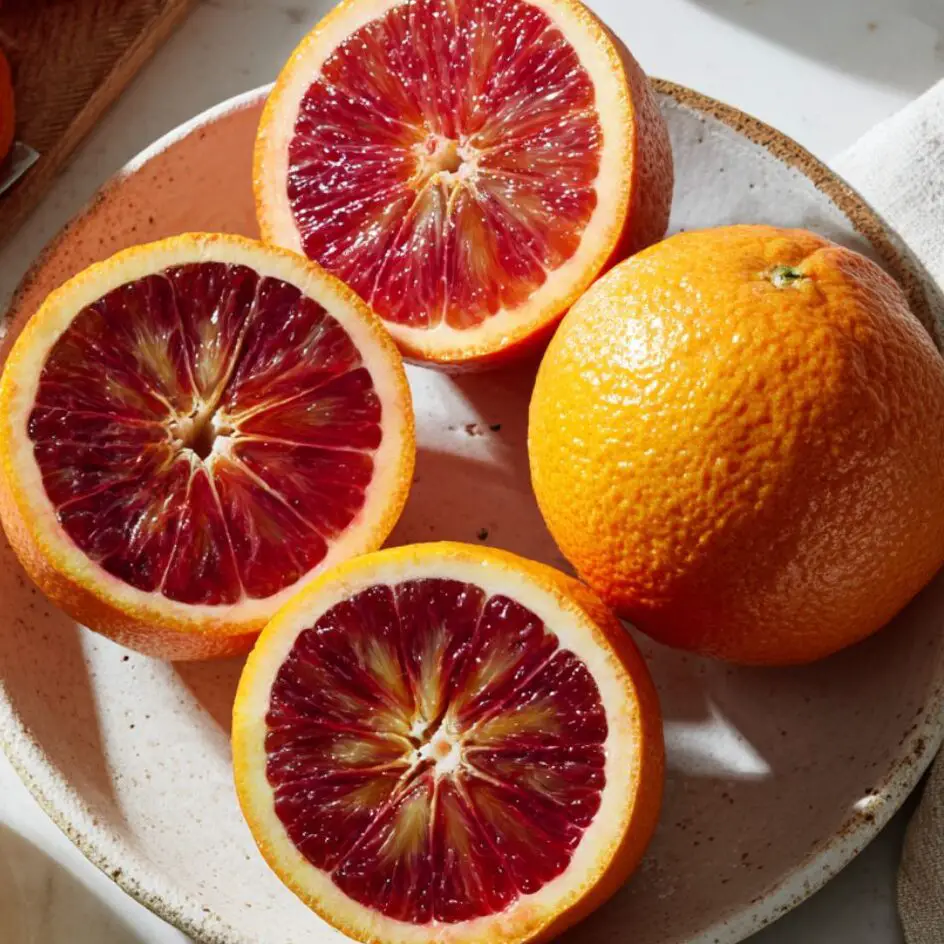 Blood orange and grapefruit segments on a plate with juice collected in a bowl