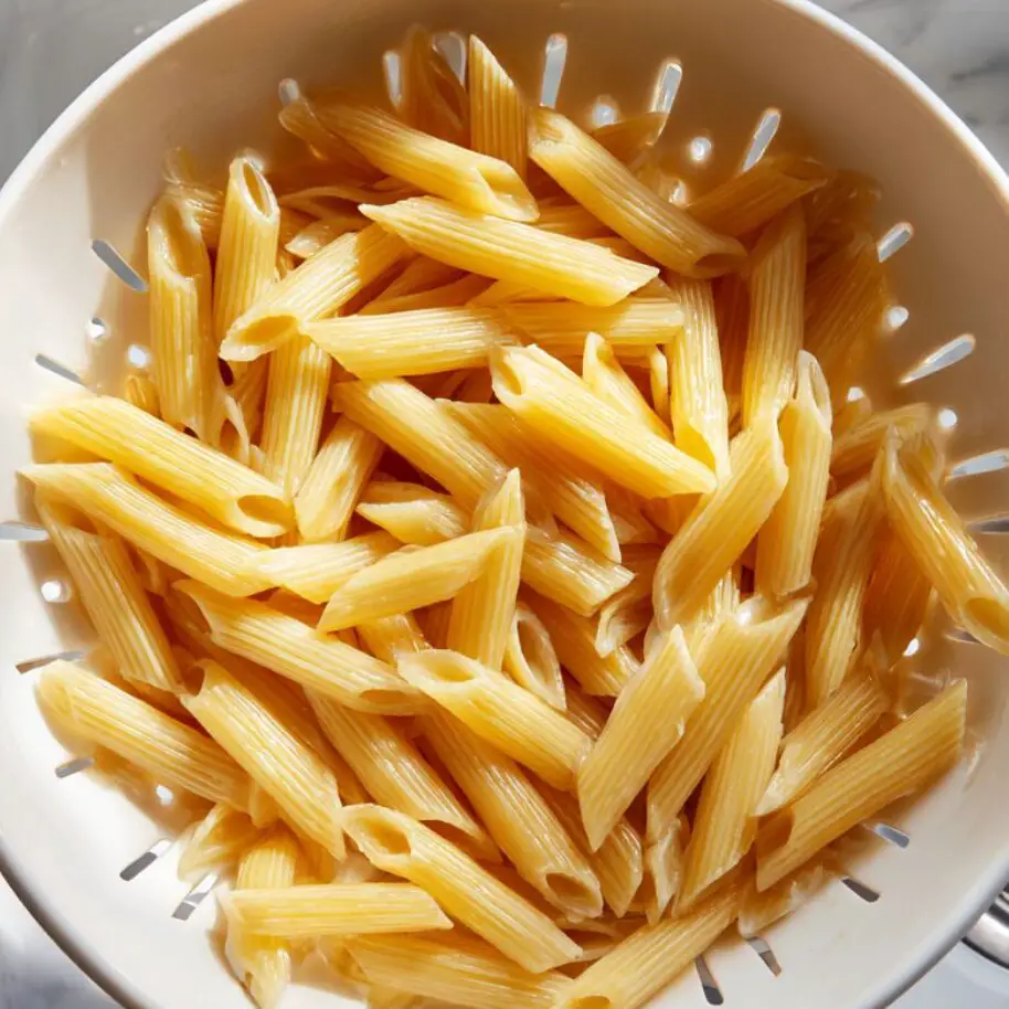 Freshly drained penne pasta in a colander over a kitchen sink.
