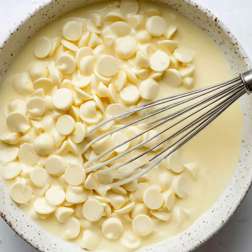 Melting white chocolate with warm milk in a bowl for pudding base

