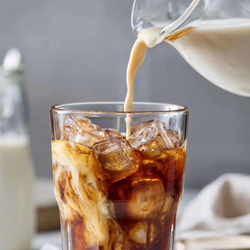 Coffee being poured over ice for cinnamon iced coffee with milk nearby