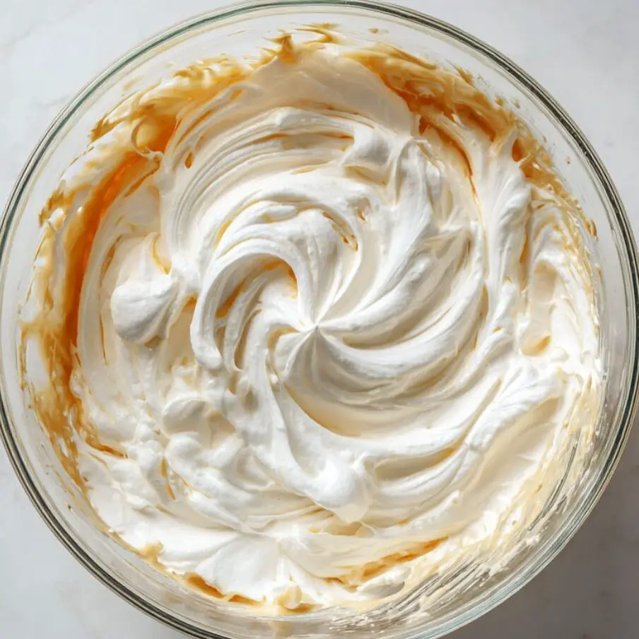 Mixing whipped cream with condensed milk for ice cream base on white marble counter