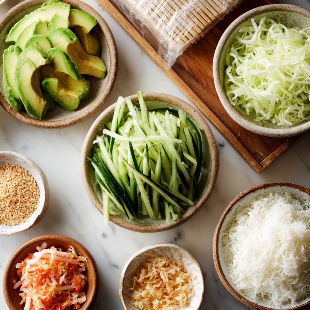 Sliced avocado, cucumber, crab, sesame seeds, and tempura flakes arranged for sushi rolling.