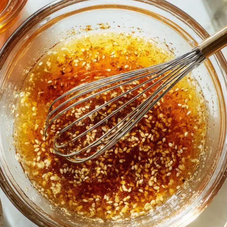 Homemade sesame dressing in a glass bowl with ingredients around it.

