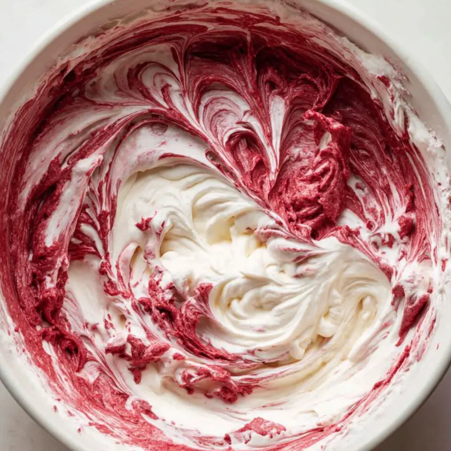 Red velvet ice cream flavor base mixture in a bowl.