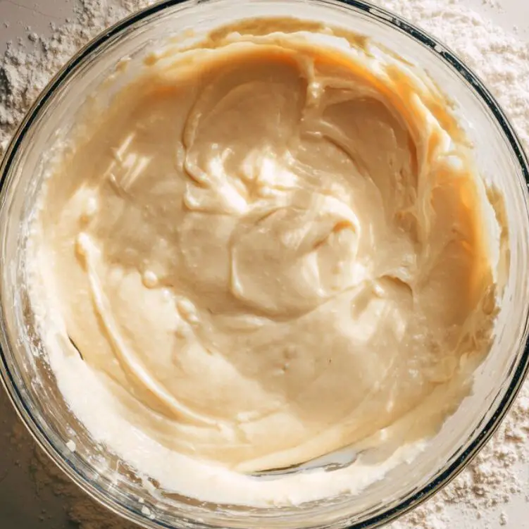 Creamy vanilla cake batter being mixed in a glass bowl.