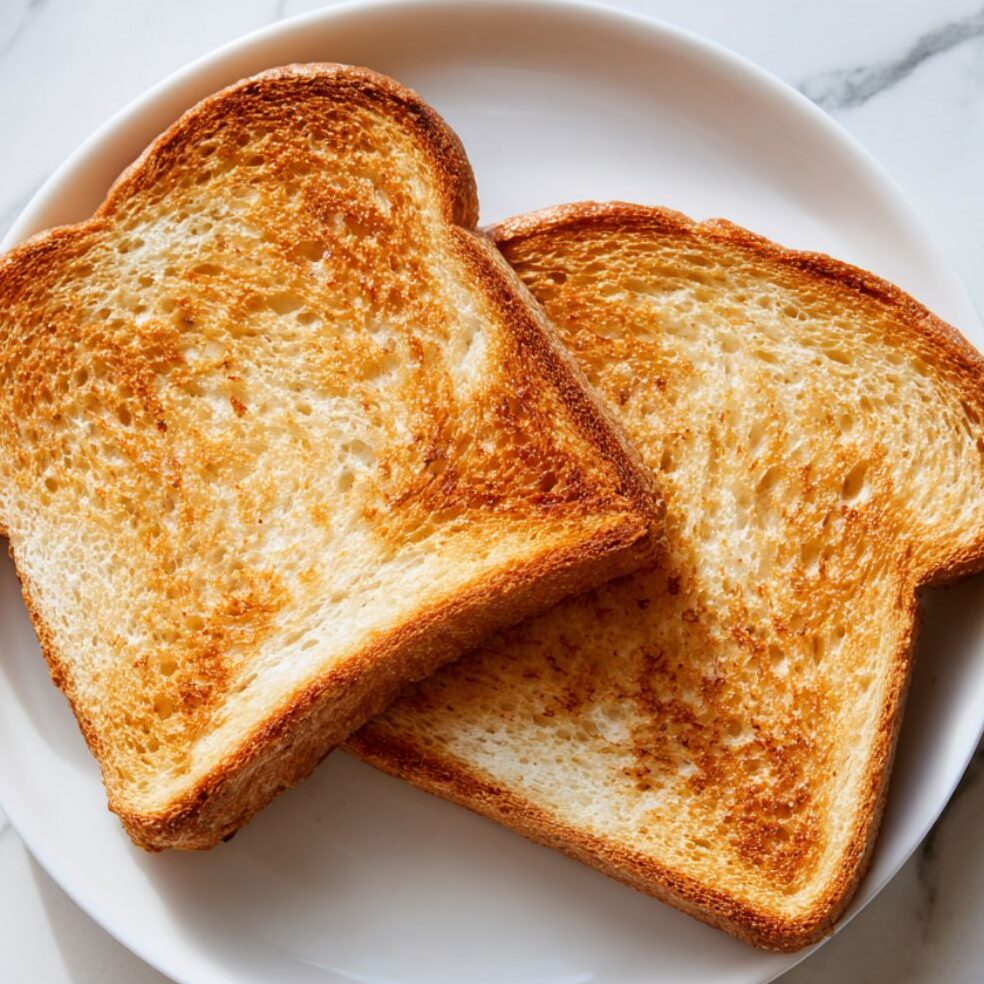 Freshly toasted golden brown bread slices on a white plate.