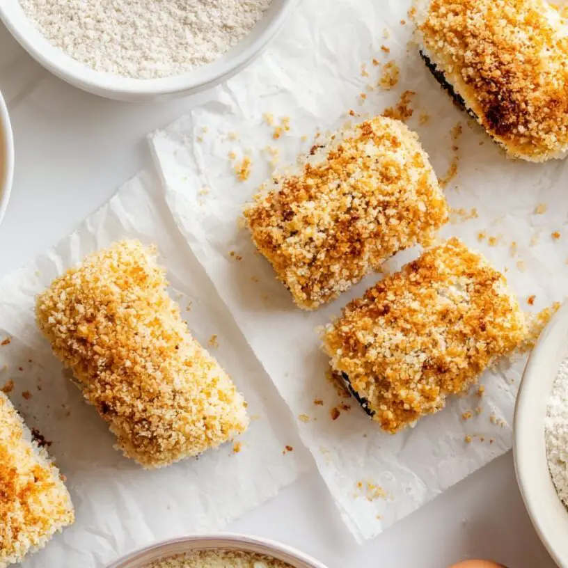 Sushi rolls coated in flour, egg, and panko breadcrumbs before frying.