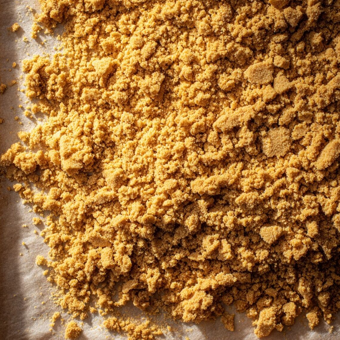 Graham cracker crumbs mixed with butter spread on a tray ready to freeze.
