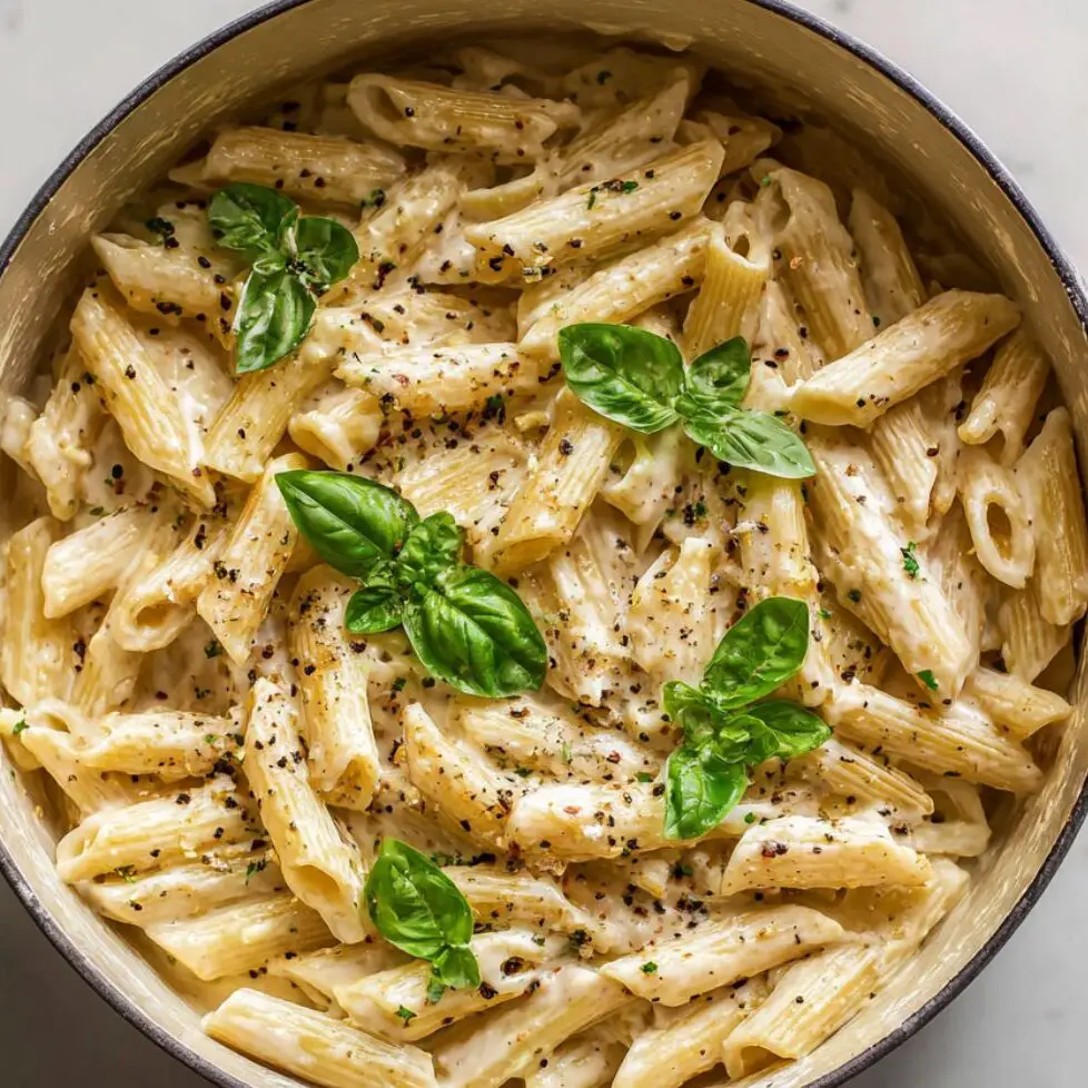 Cooked penne being mixed with ricotta sauce, parmesan, and basil.