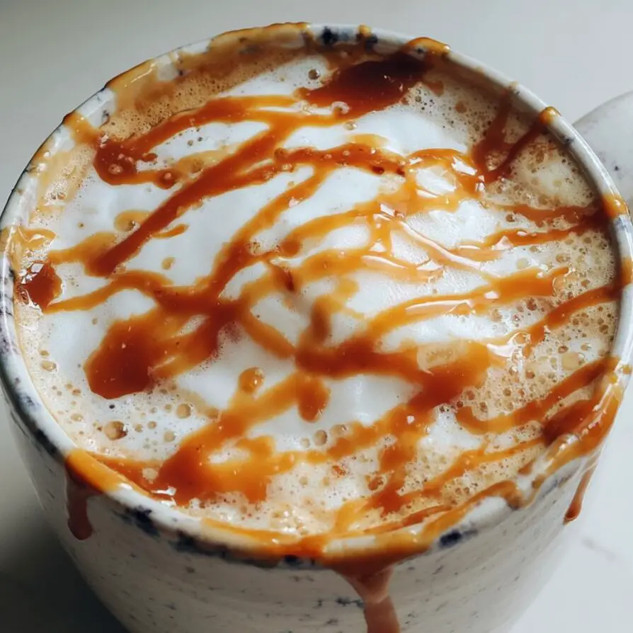 Caramel latte topped with milk foam and drizzled caramel sauce on a white kitchen counter.
