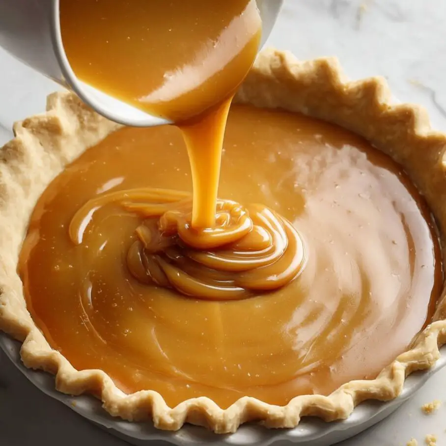 Caramel filling being poured into a pie crust on the counter.